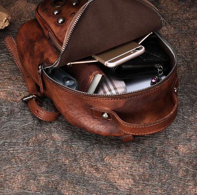 Best Vintage Rivet Red Leather Rucksack Bag Womens Small School Backpacks Leather Backpack Purse