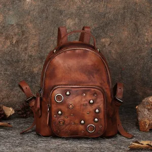 Best Vintage Rivet Red Leather Rucksack Bag Womens Small School Backpacks Leather Backpack Purse