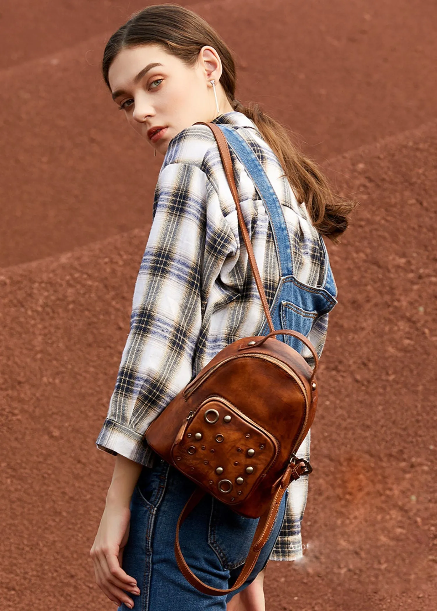 Best Vintage Rivet Red Leather Rucksack Bag Womens Small School Backpacks Leather Backpack Purse