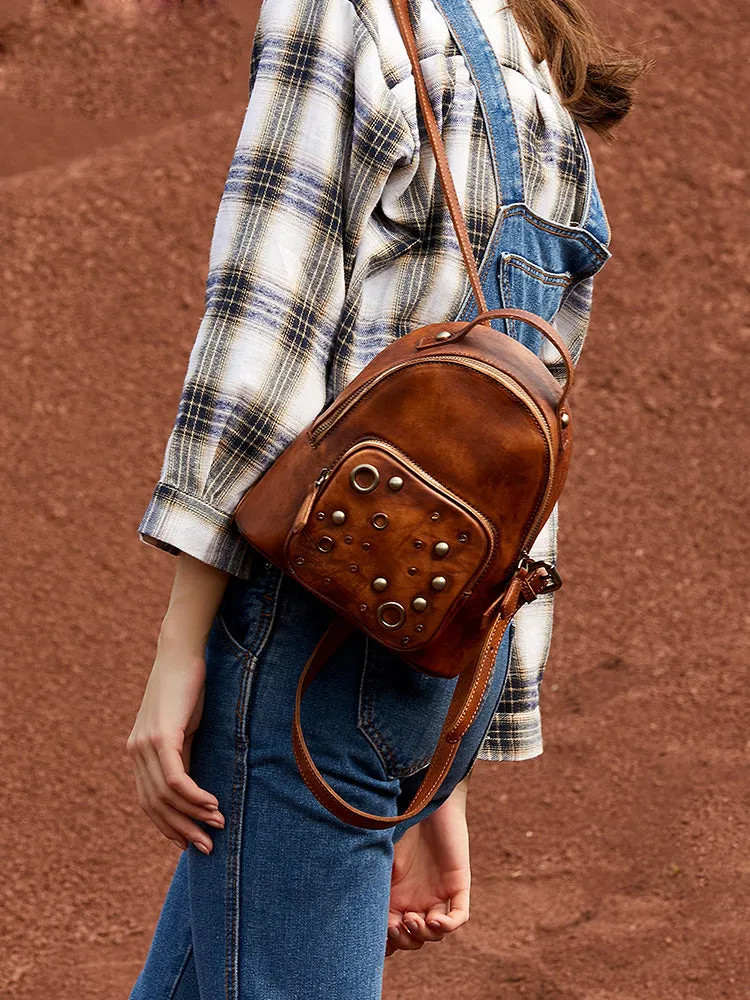 Best Vintage Rivet Red Leather Rucksack Bag Womens Small School Backpacks Leather Backpack Purse