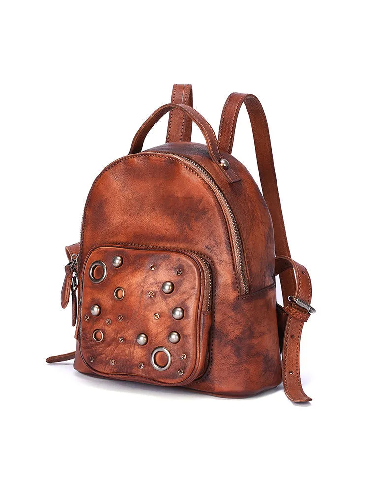 Best Vintage Rivet Red Leather Rucksack Bag Womens Small School Backpacks Leather Backpack Purse