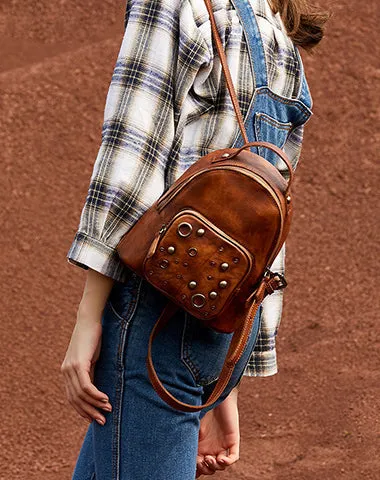 Best Vintage Rivet Red Leather Rucksack Bag Womens Small School Backpacks Leather Backpack Purse