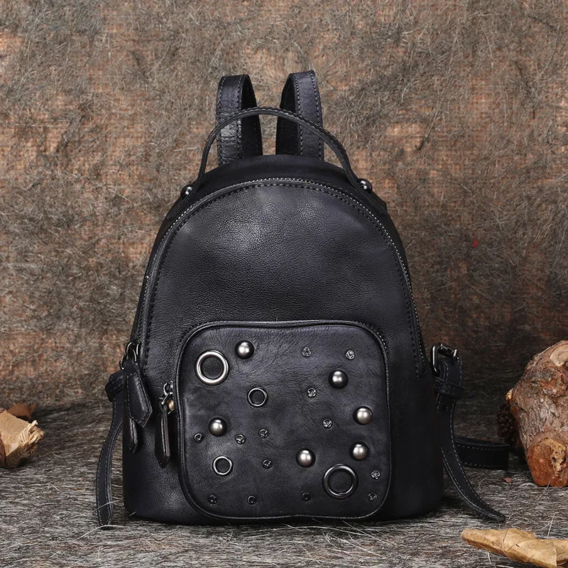 Best Vintage Rivet Red Leather Rucksack Bag Womens Small School Backpacks Leather Backpack Purse