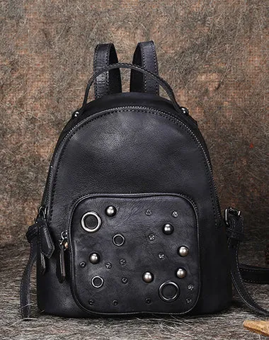 Best Vintage Rivet Red Leather Rucksack Bag Womens Small School Backpacks Leather Backpack Purse