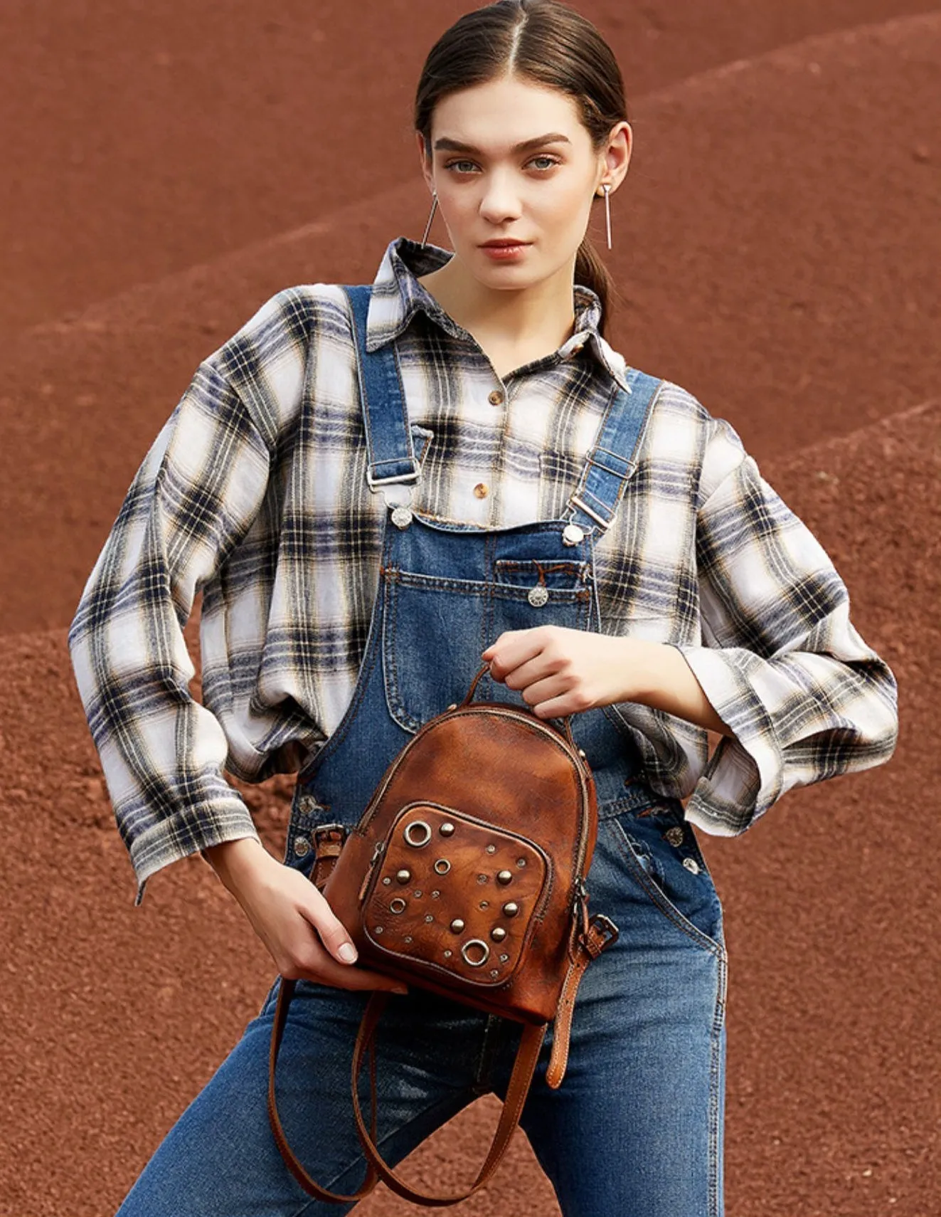Best Vintage Rivet Red Leather Rucksack Bag Womens Small School Backpacks Leather Backpack Purse