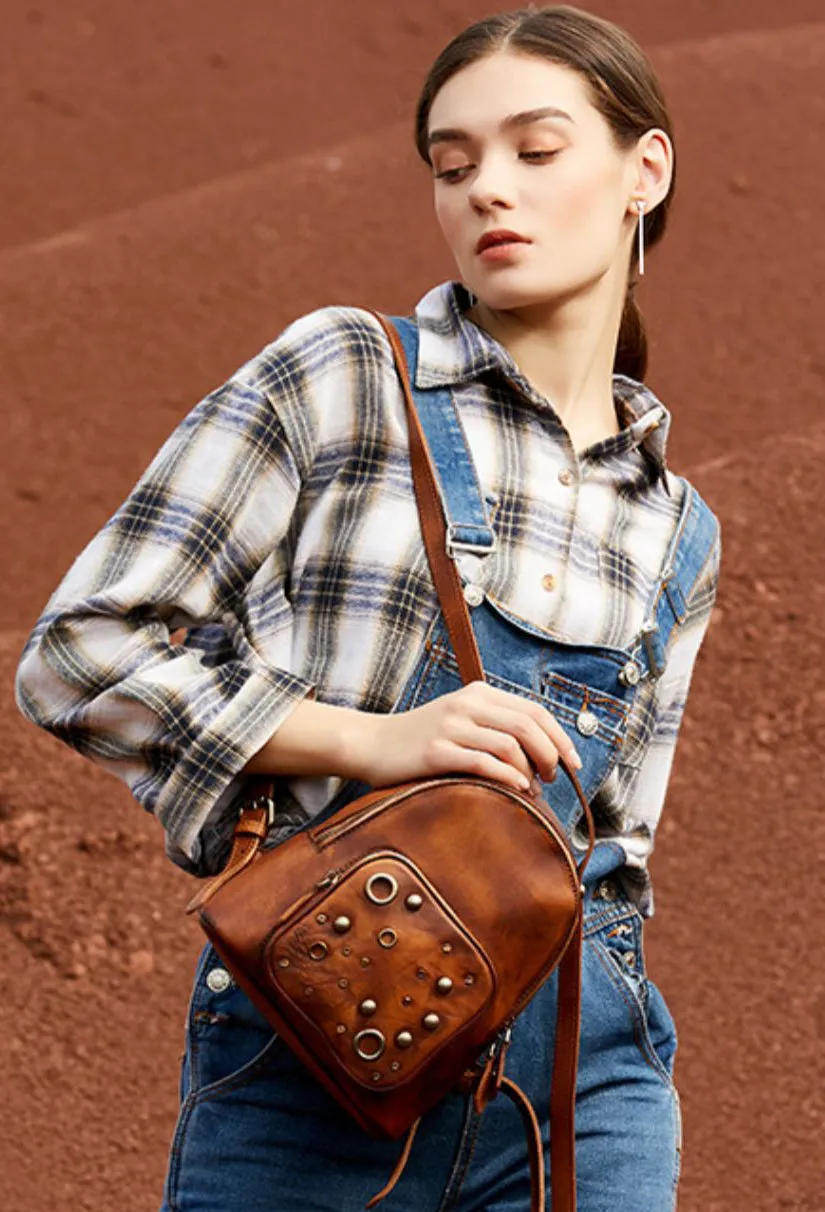 Best Vintage Rivet Red Leather Rucksack Bag Womens Small School Backpacks Leather Backpack Purse