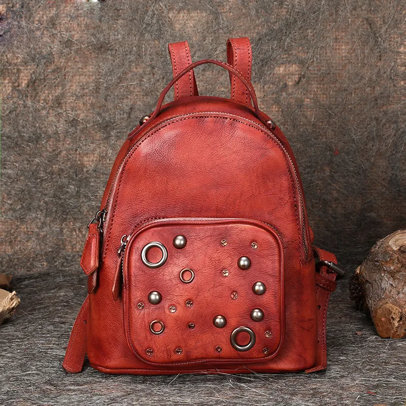 Best Vintage Rivet Red Leather Rucksack Bag Womens Small School Backpacks Leather Backpack Purse