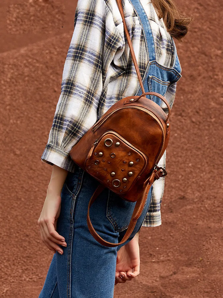 Best Vintage Rivet Red Leather Rucksack Bag Womens Small School Backpacks Leather Backpack Purse