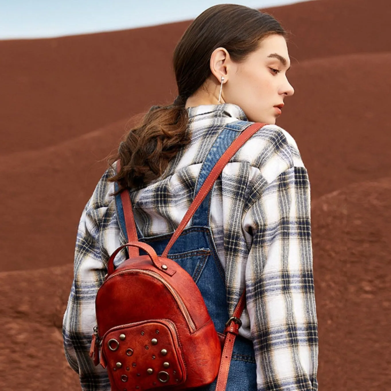 Best Vintage Rivet Red Leather Rucksack Bag Womens Small School Backpacks Leather Backpack Purse