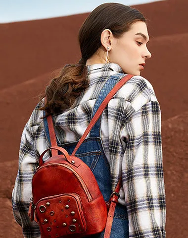 Best Vintage Rivet Red Leather Rucksack Bag Womens Small School Backpacks Leather Backpack Purse