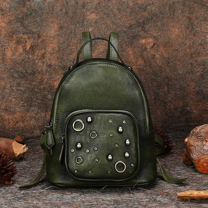 Best Vintage Rivet Red Leather Rucksack Bag Womens Small School Backpacks Leather Backpack Purse