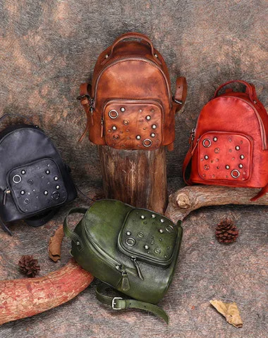 Best Vintage Rivet Red Leather Rucksack Bag Womens Small School Backpacks Leather Backpack Purse