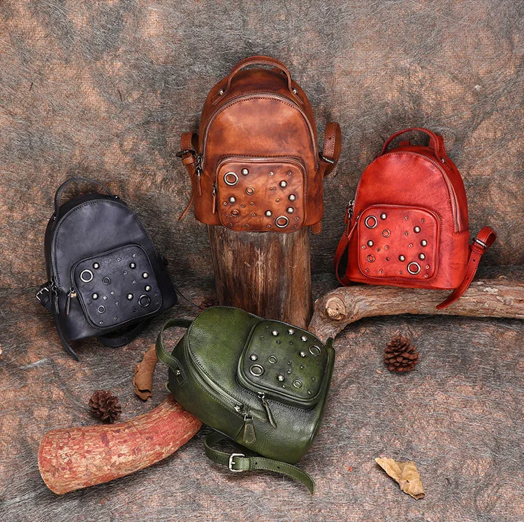 Best Vintage Rivet Red Leather Rucksack Bag Womens Small School Backpacks Leather Backpack Purse