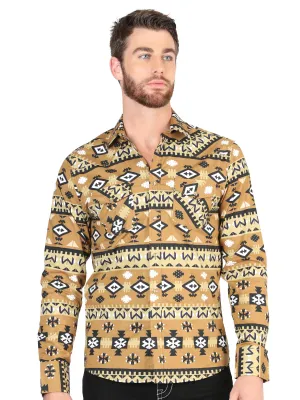 Camisa Vaquera Manga Larga de Broches Estampada Mostaza para Hombre 'El Señor de los Cielos' - ID: 44417