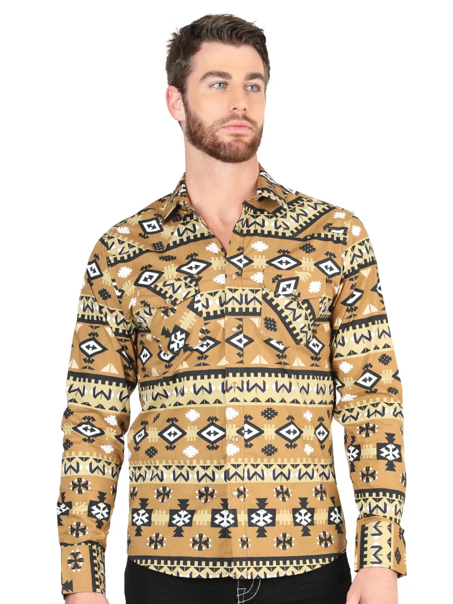 Camisa Vaquera Manga Larga de Broches Estampada Mostaza para Hombre 'El Señor de los Cielos' - ID: 44417