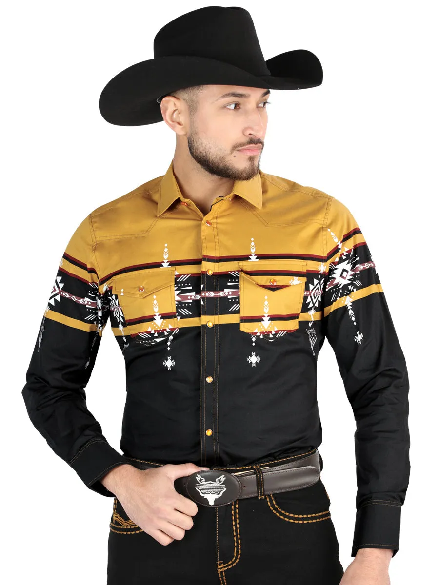Camisa Vaquera Manga Larga Estampada Negro/Mostaza para Hombre 'El Señor de los Cielos' - ID: 44453