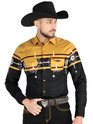 Camisa Vaquera Manga Larga Estampada Negro/Mostaza para Hombre 'El Señor de los Cielos' - ID: 44453