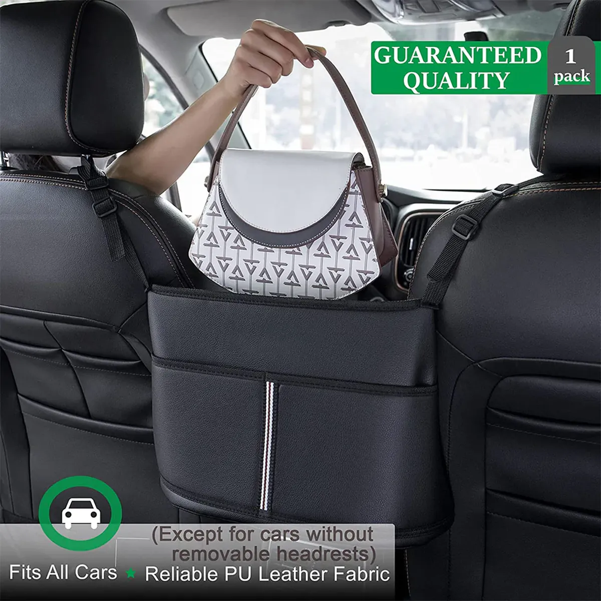 Car Purse Holder for Car Handbag Holder Between Seats Premium PU Leather, Custom Fit For Car, Hanging Car Purse Storage Pocket Back Seat Pet Barrier WALI223