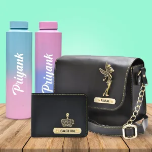 Chained Sling Bag & Men's Wallet & Personalised Couple Rainbow Classic WaterBottle - Black