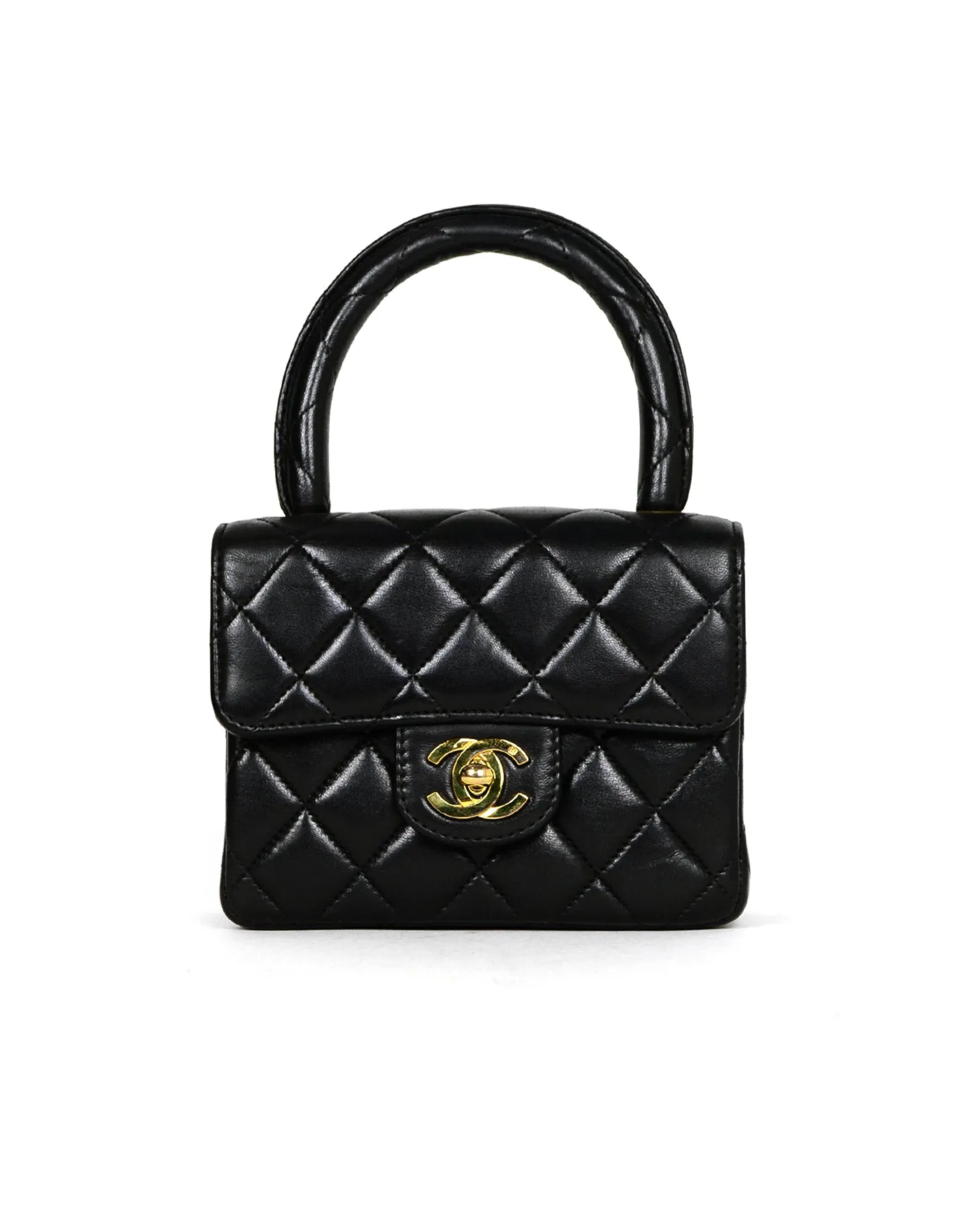 Chanel '90s Vintage Black Lambskin Leather Quilted Micro Mini Kelly Flap Bag