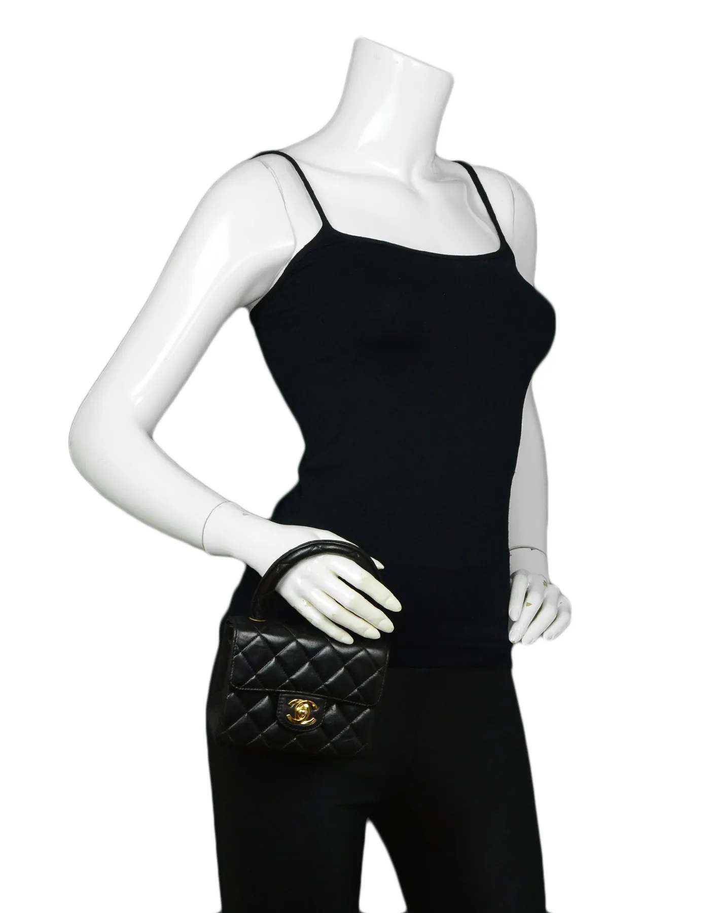 Chanel '90s Vintage Black Lambskin Leather Quilted Micro Mini Kelly Flap Bag