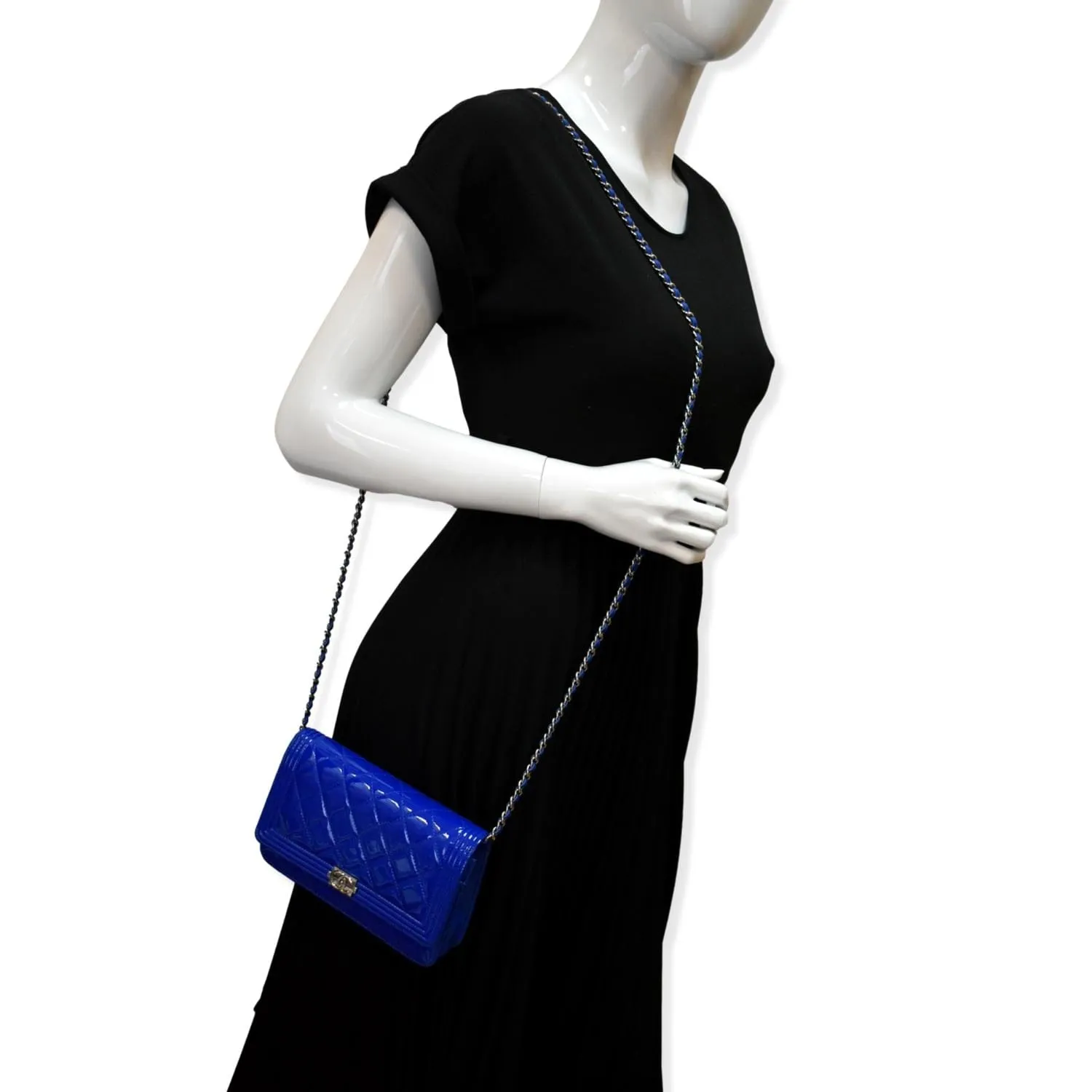 CHANEL Boy WOC Patent Leather Wallet On Chain Clutch Bag Blue