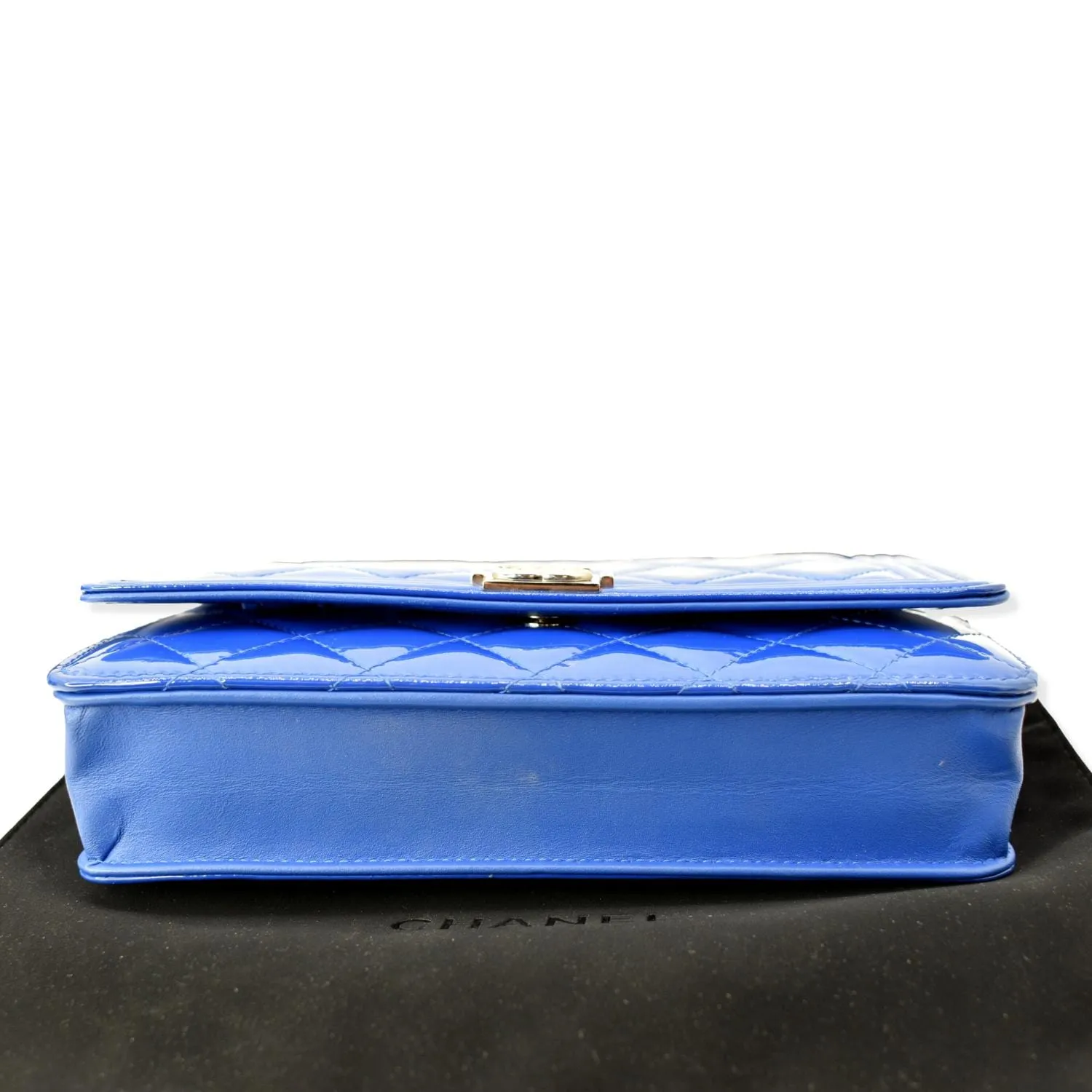 CHANEL Boy WOC Patent Leather Wallet On Chain Clutch Bag Blue