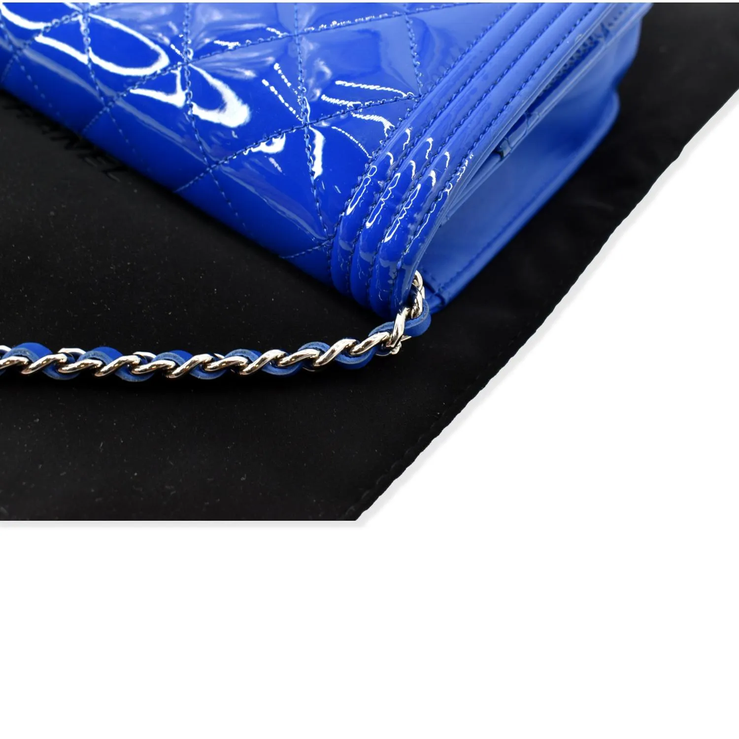 CHANEL Boy WOC Patent Leather Wallet On Chain Clutch Bag Blue