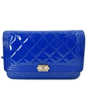 CHANEL Boy WOC Patent Leather Wallet On Chain Clutch Bag Blue