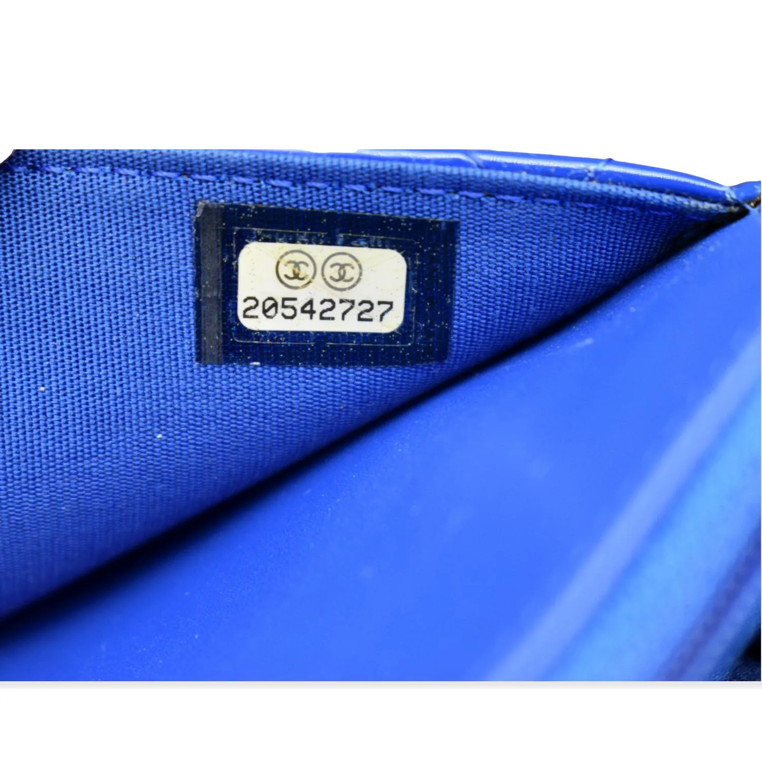 CHANEL Boy WOC Patent Leather Wallet On Chain Clutch Bag Blue