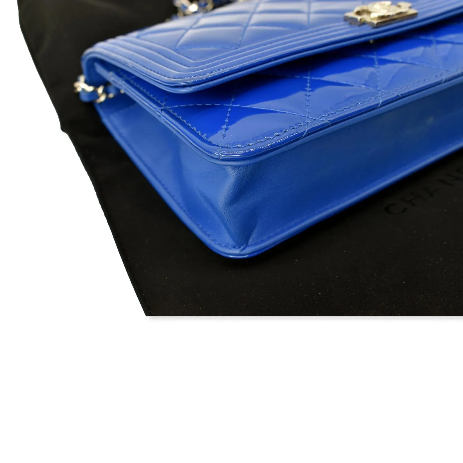 CHANEL Boy WOC Patent Leather Wallet On Chain Clutch Bag Blue