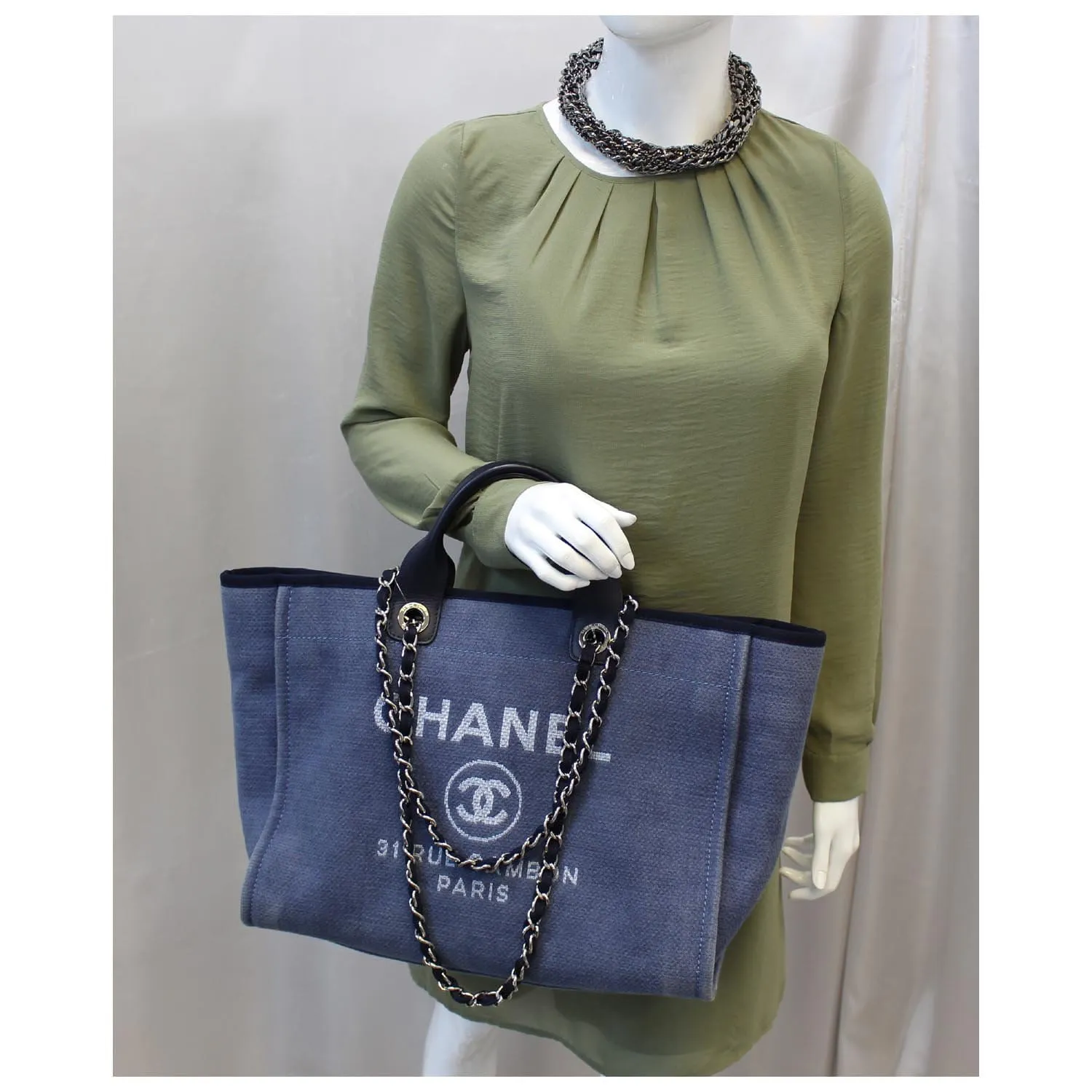 CHANEL Canvas Deauville Large Tote Denim Blue Shoulder Handbag