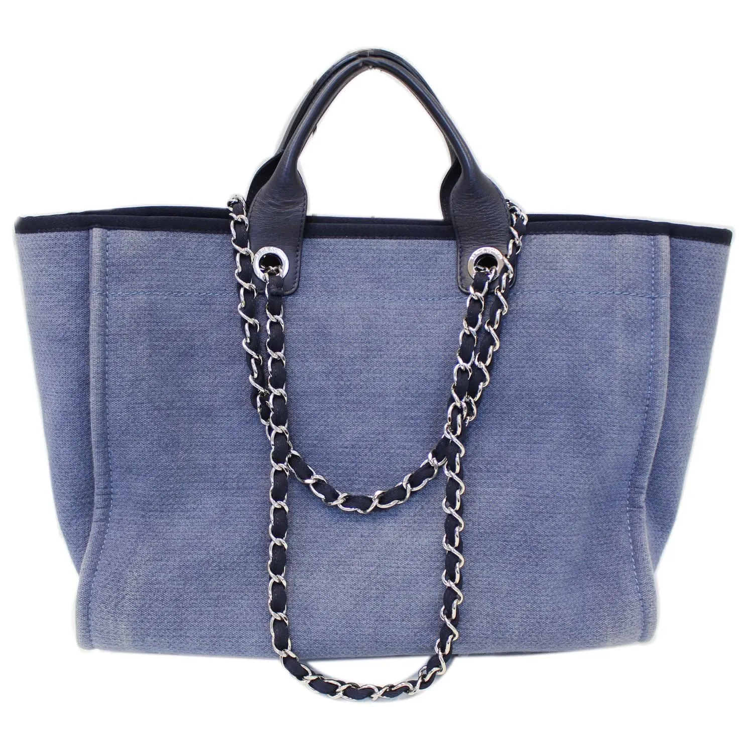 CHANEL Canvas Deauville Large Tote Denim Blue Shoulder Handbag