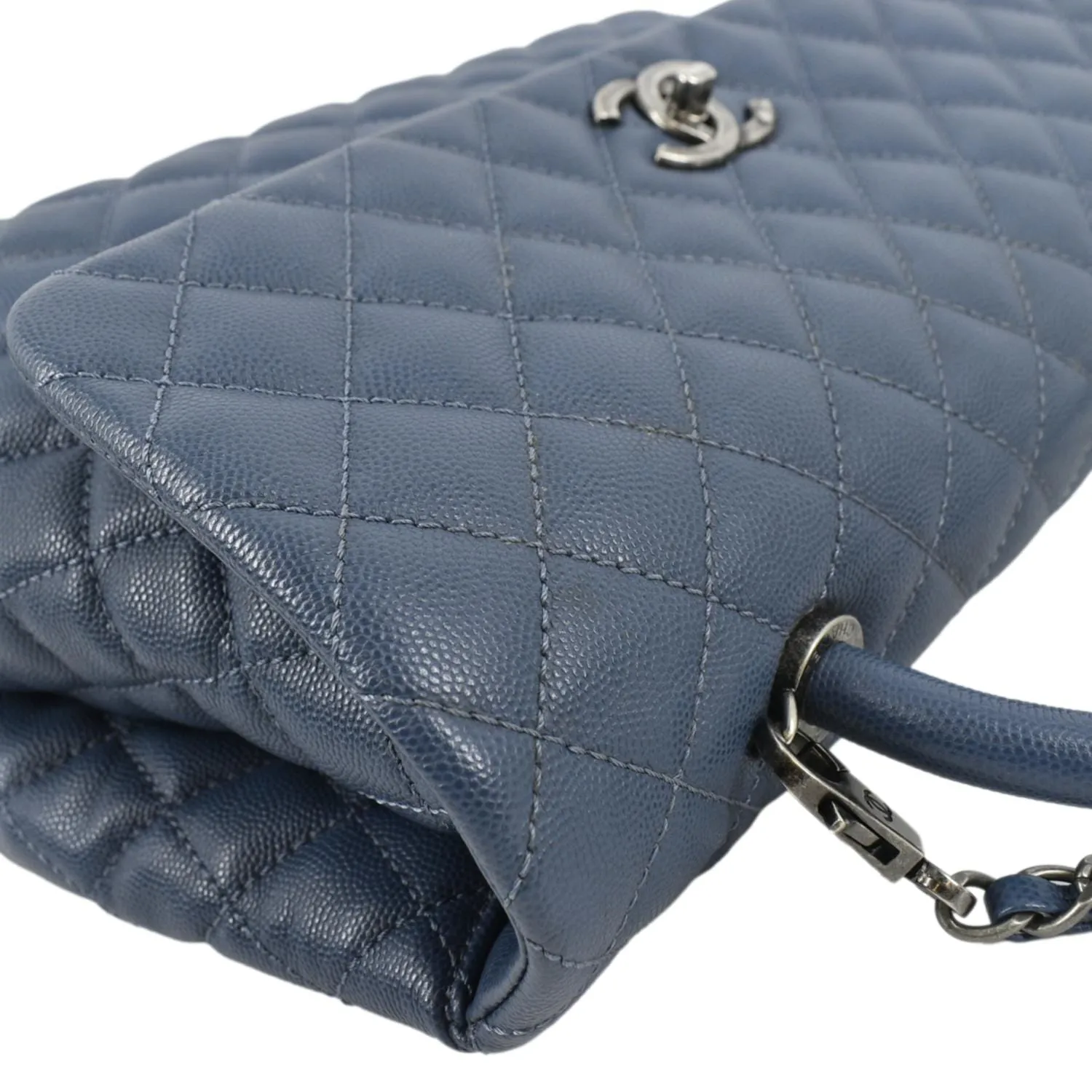 CHANEL CC Coco Caviar Leather Top Handle Flap Shoulder Bag Blue