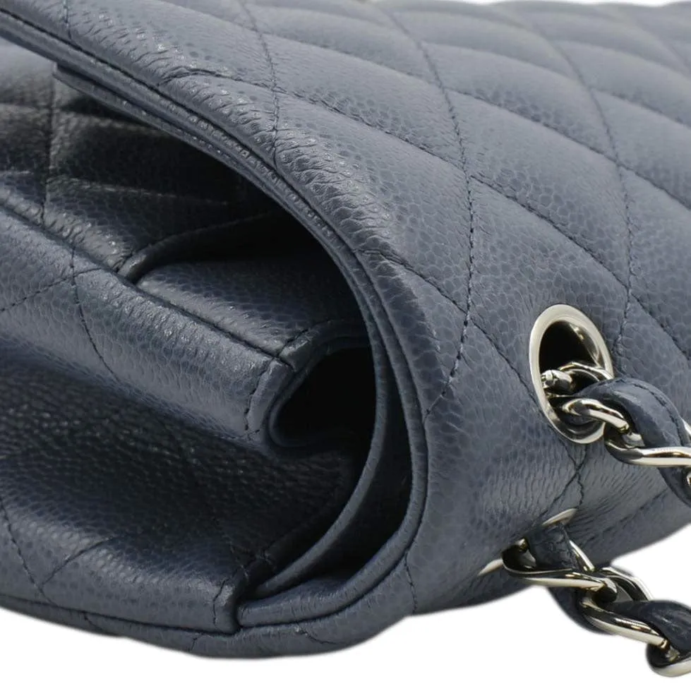 CHANEL Classic Jumbo Double Flap Quilted Caviar Leather Shoulder Bag Blue