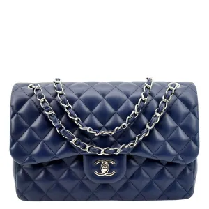 CHANEL Classic Jumbo Double Flap Quilted Caviar Leather Shoulder Bag Blue