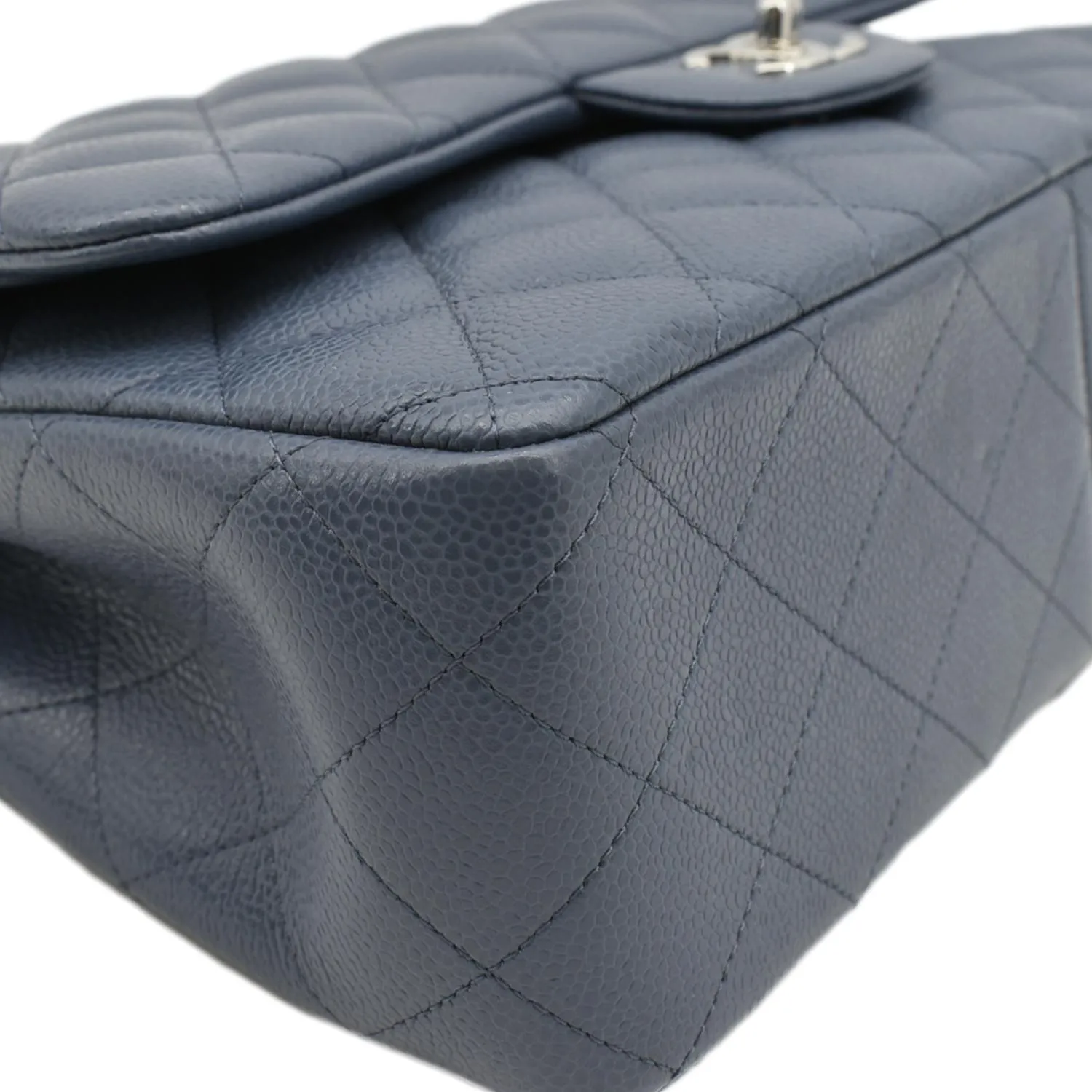 CHANEL Classic Jumbo Double Flap Quilted Caviar Leather Shoulder Bag Blue