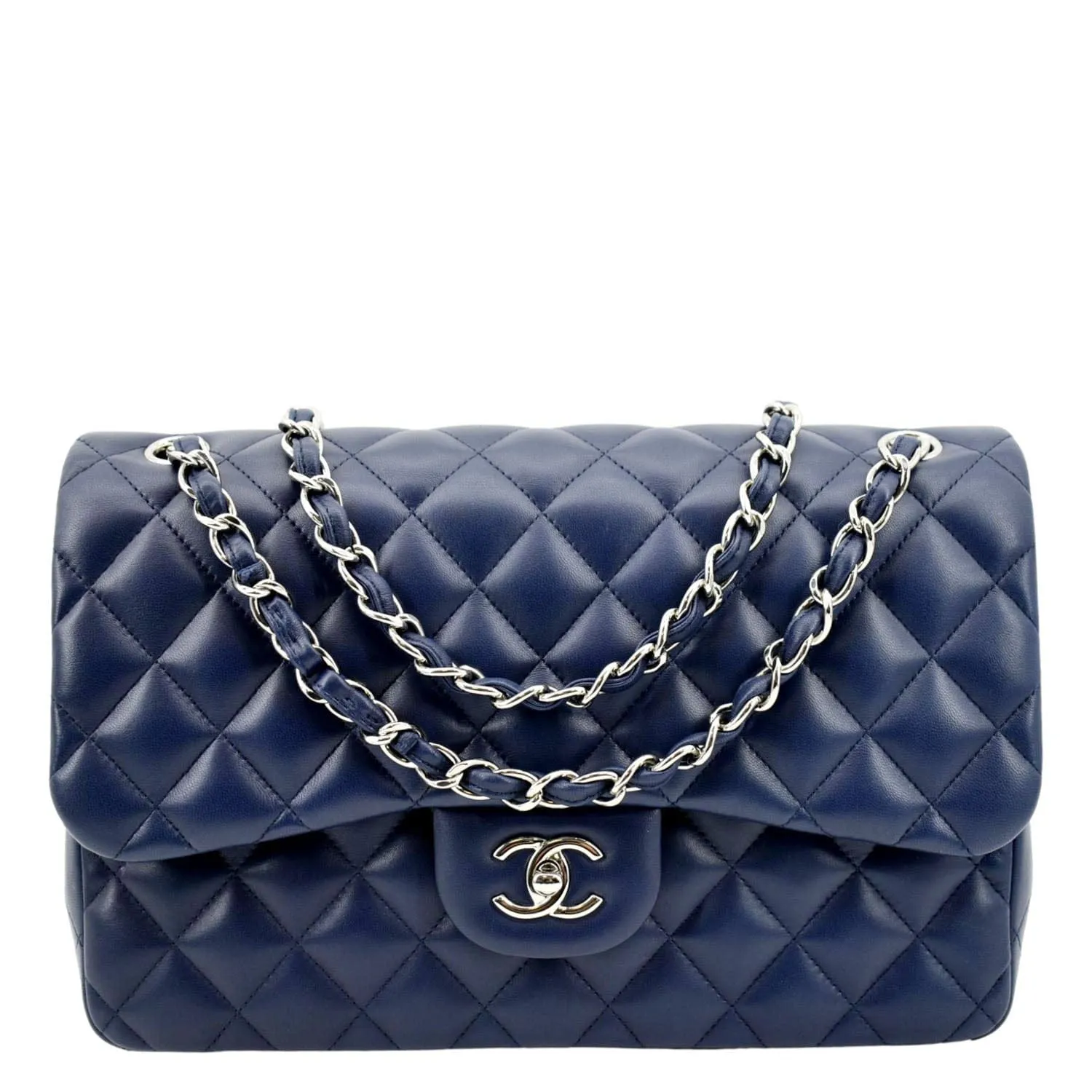 CHANEL Classic Jumbo Double Flap Quilted Caviar Leather Shoulder Bag Blue