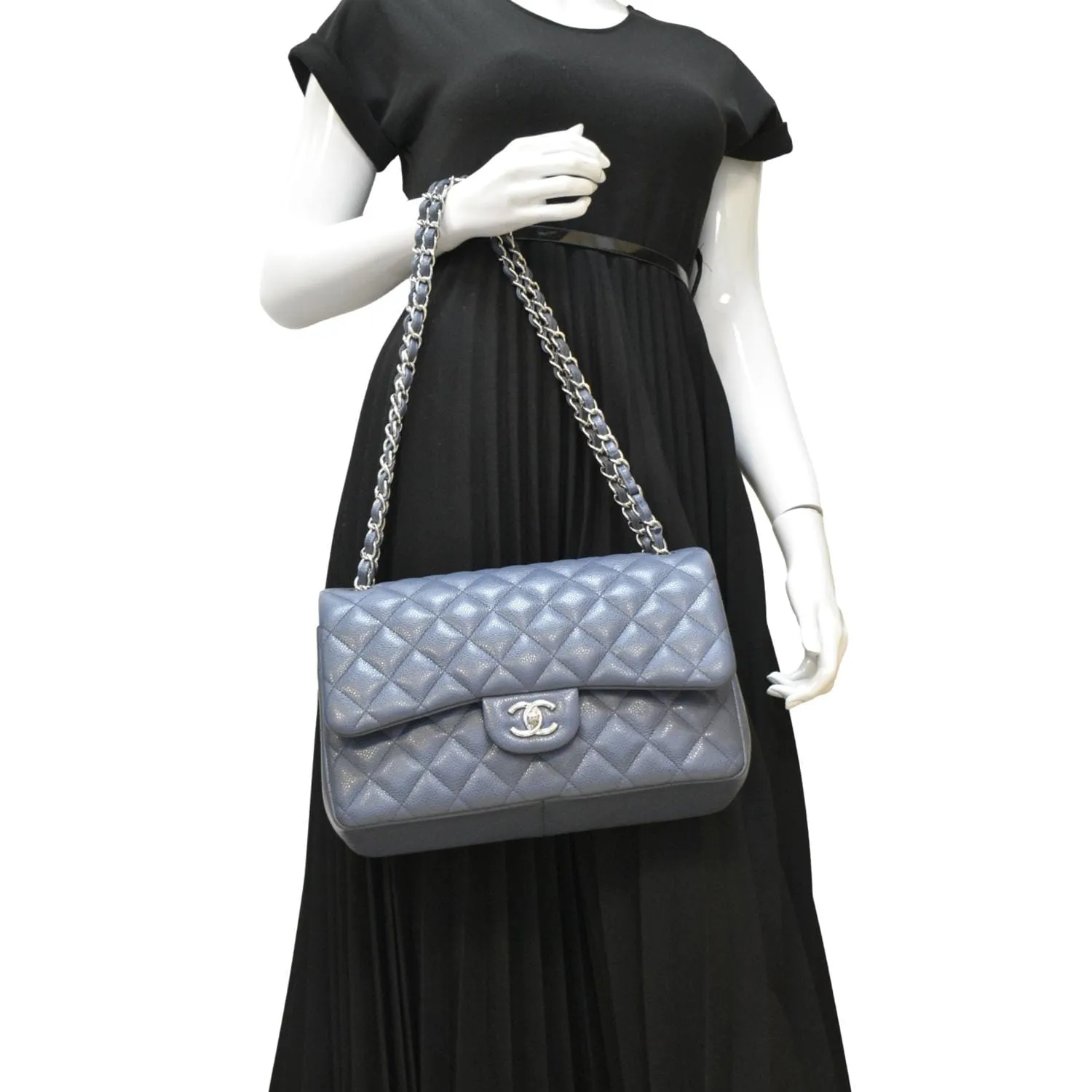 CHANEL Classic Jumbo Double Flap Quilted Caviar Leather Shoulder Bag Blue