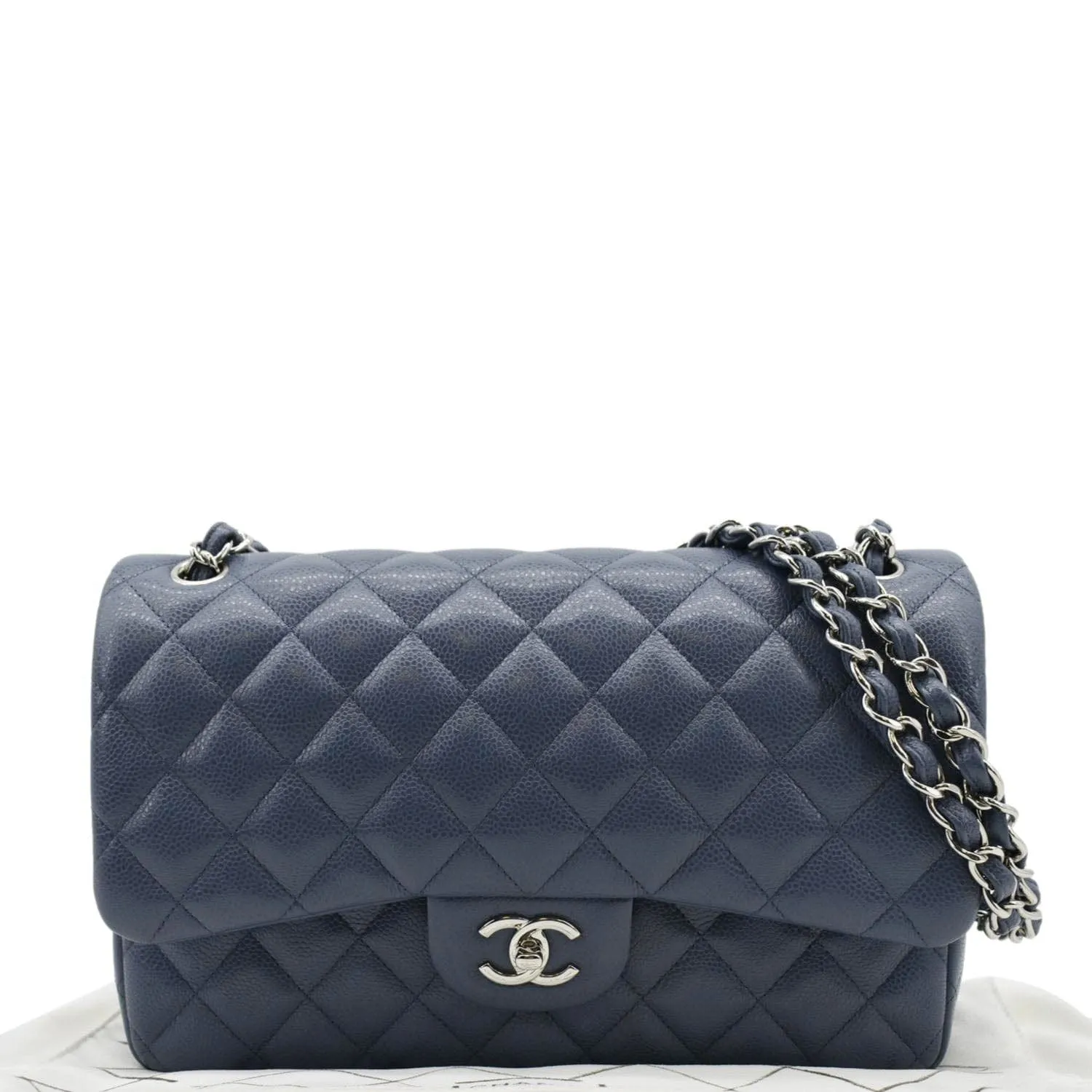 CHANEL Classic Jumbo Double Flap Quilted Caviar Leather Shoulder Bag Blue