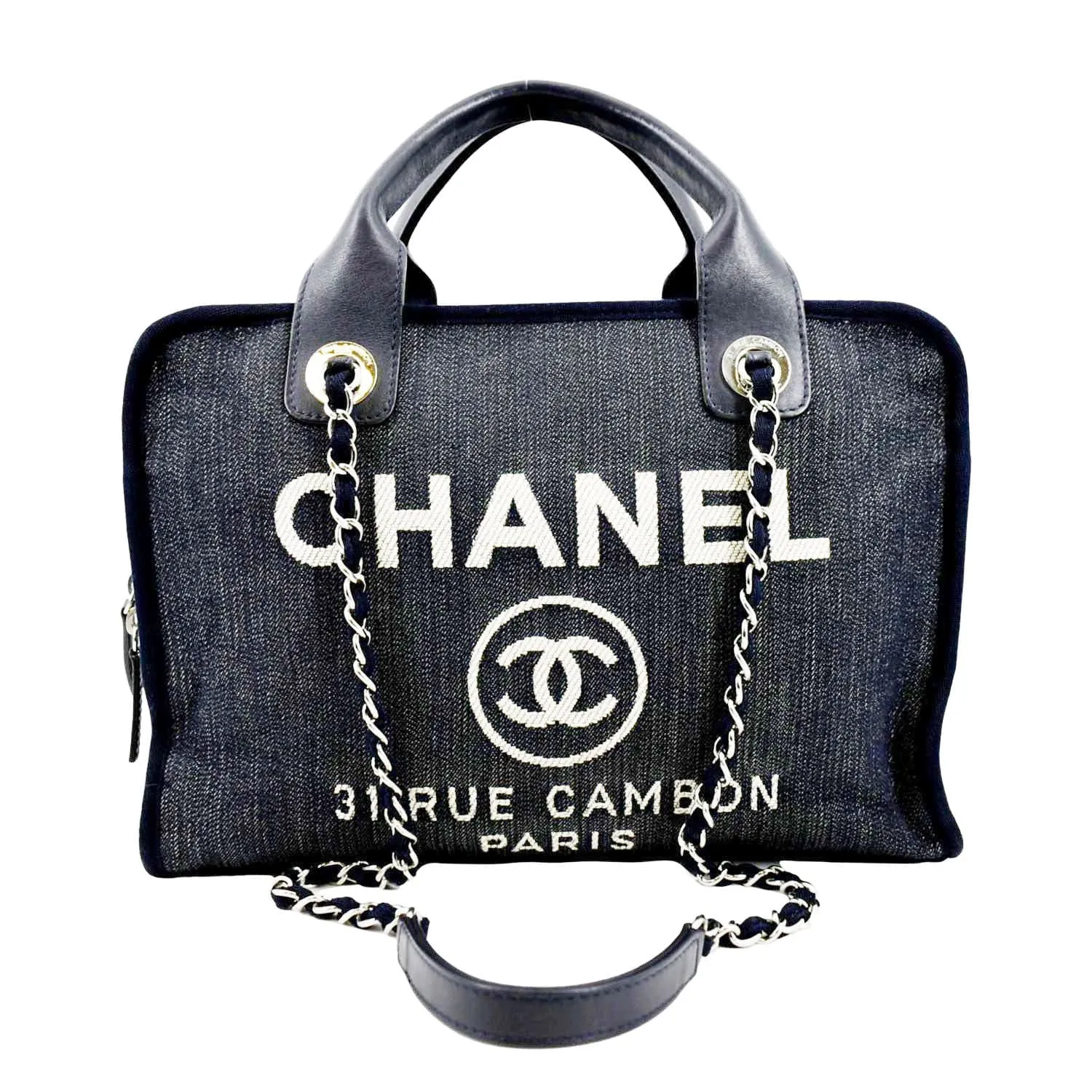 CHANEL Deauville Medium Bowling Denim Shoulder Bag Blue