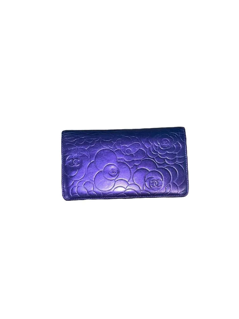 Chanel Leather Camellia Embossed Wallet purple