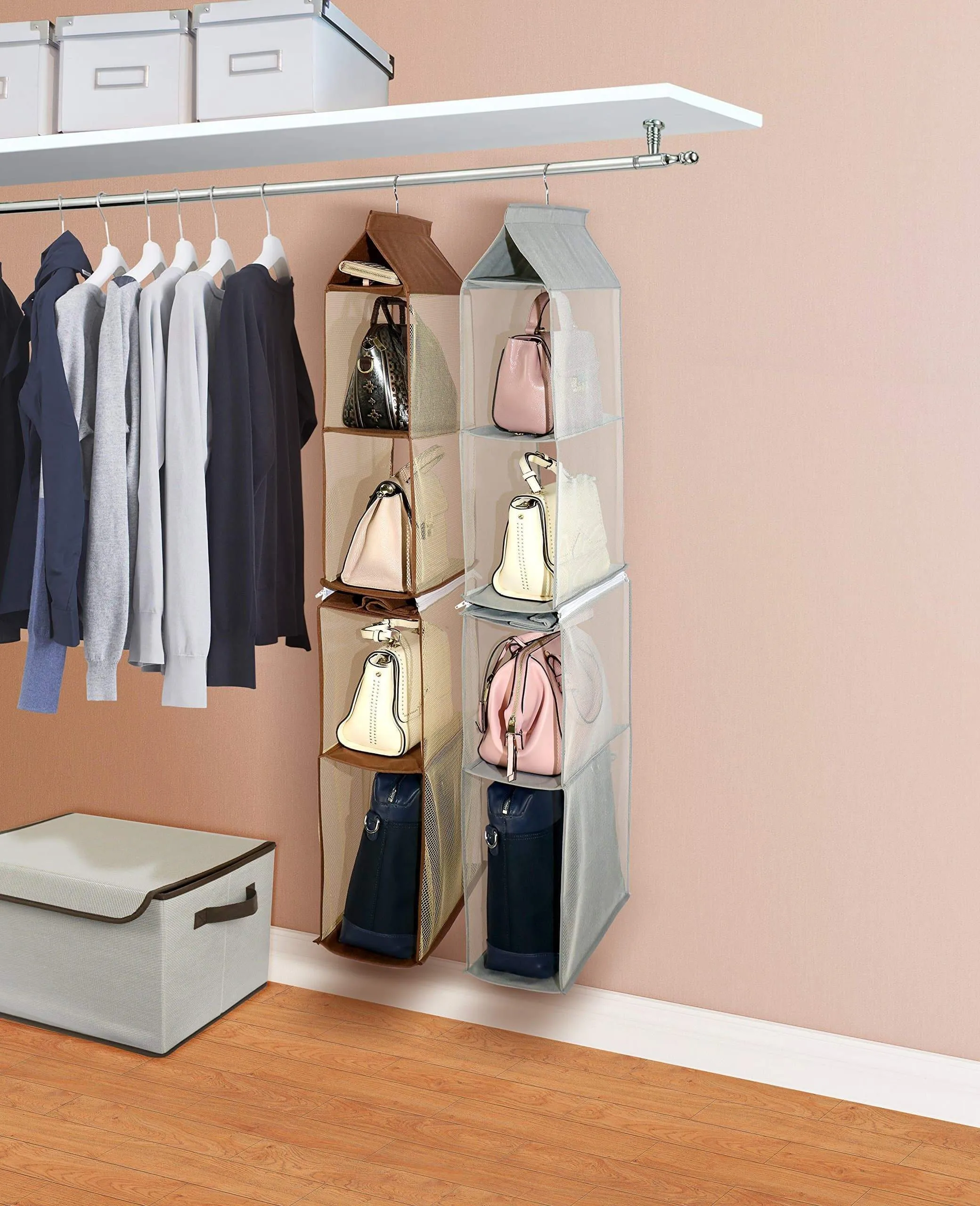 Detachable 4 Big Compartment Pouch Hanging Handbag Organizer Clear Purse Bag Storage Holder Wardrobe Closet Space Saving Organizers System for Living Room Bedroom Use(Pack of 2 Grey)