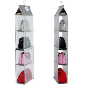Detachable 4 Big Compartment Pouch Hanging Handbag Organizer Clear Purse Bag Storage Holder Wardrobe Closet Space Saving Organizers System for Living Room Bedroom Use(Pack of 2 Grey)