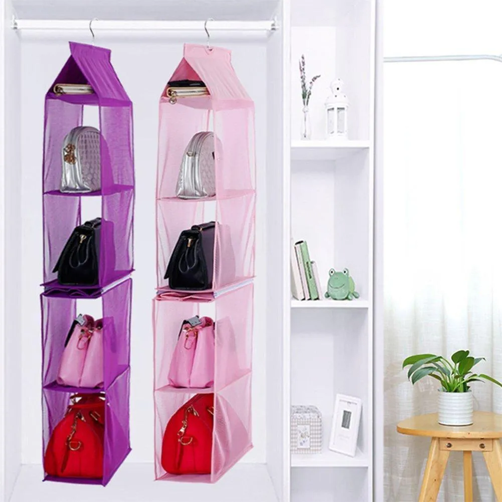 Detachable 4 Big Compartment Pouch Hanging Handbag Organizer Clear Purse Bag Storage Holder Wardrobe Closet Space Saving Organizers System for Living Room Bedroom Use(Pack of 2 Grey)