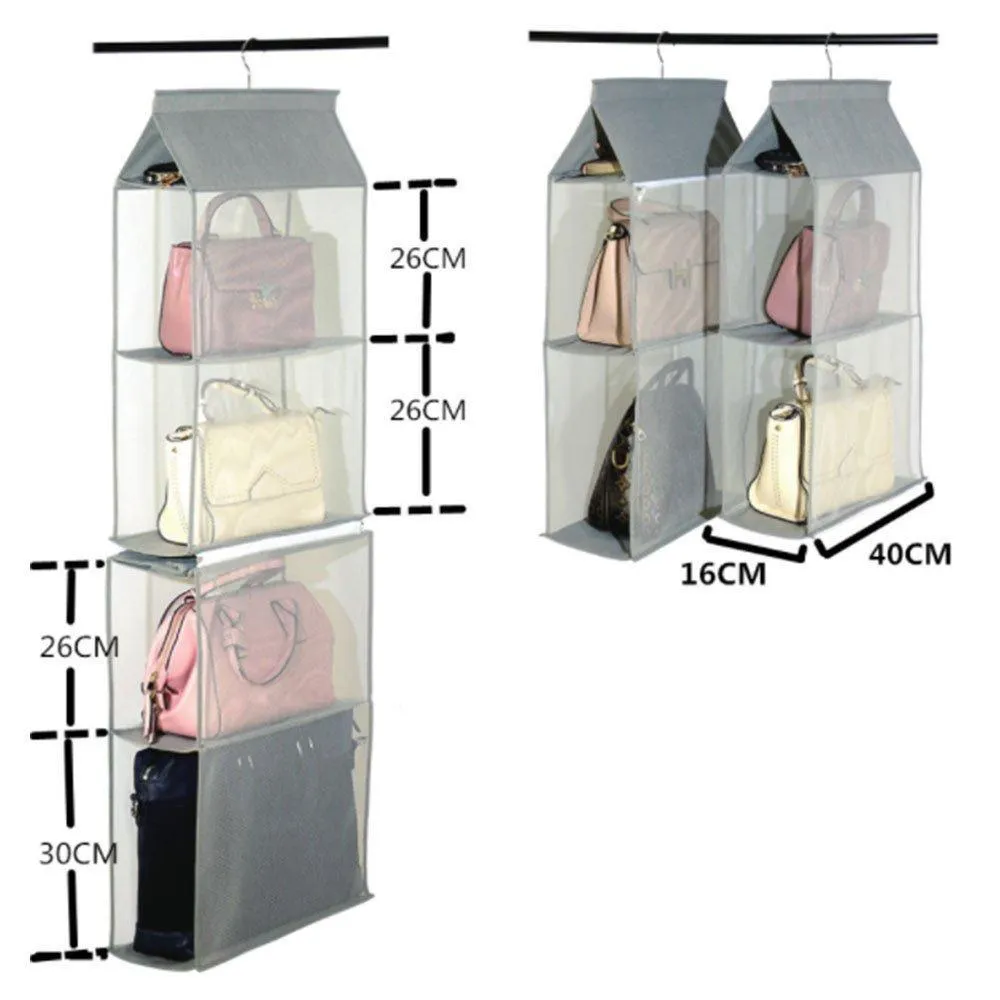 Detachable 4 Big Compartment Pouch Hanging Handbag Organizer Clear Purse Bag Storage Holder Wardrobe Closet Space Saving Organizers System for Living Room Bedroom Use(Pack of 2 Grey)