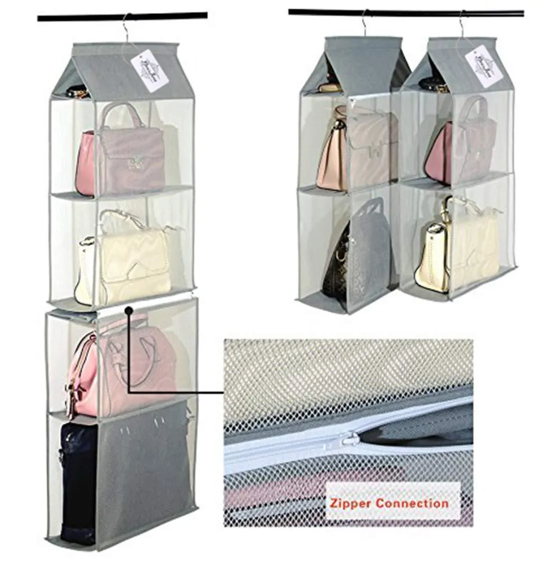 Detachable 4 Big Compartment Pouch Hanging Handbag Organizer Clear Purse Bag Storage Holder Wardrobe Closet Space Saving Organizers System for Living Room Bedroom Use(Pack of 2 Grey)