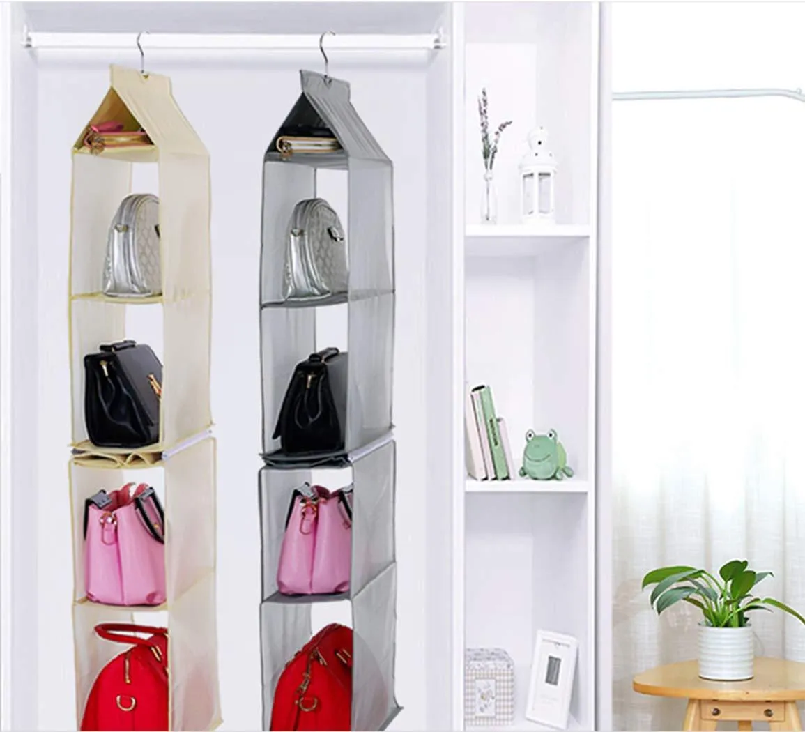Detachable 4 Big Compartment Pouch Hanging Handbag Organizer Clear Purse Bag Storage Holder Wardrobe Closet Space Saving Organizers System for Living Room Bedroom Use(Pack of 2 Grey)
