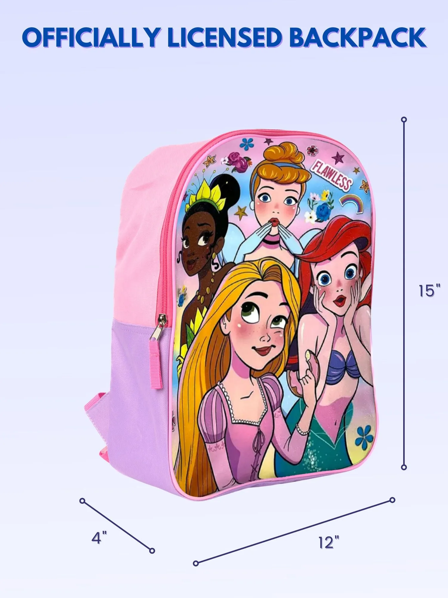 Disney Princesses Backpack 15" Tiana Cinderella Ariel Aurora Girls Kids Pink