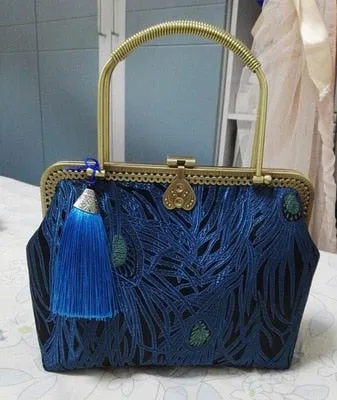DIY Sewing Kit Set Blue Peacock tail Simulated Silk Fabric Women Bags Series